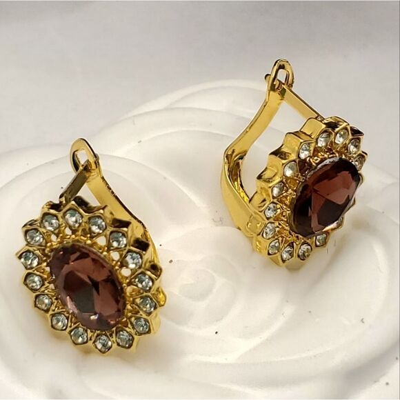 14K Yellow Gold on 925  Red Sapphire & White Baguette Diamond Leverback Earrings - Picture 7 of 7
